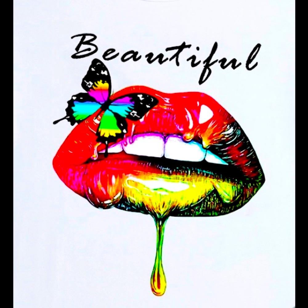 💋 BEAUTIFUL 💋🦋 Butterflies & Lip Short Sleeve T-Shirt - Picture 2 of 6